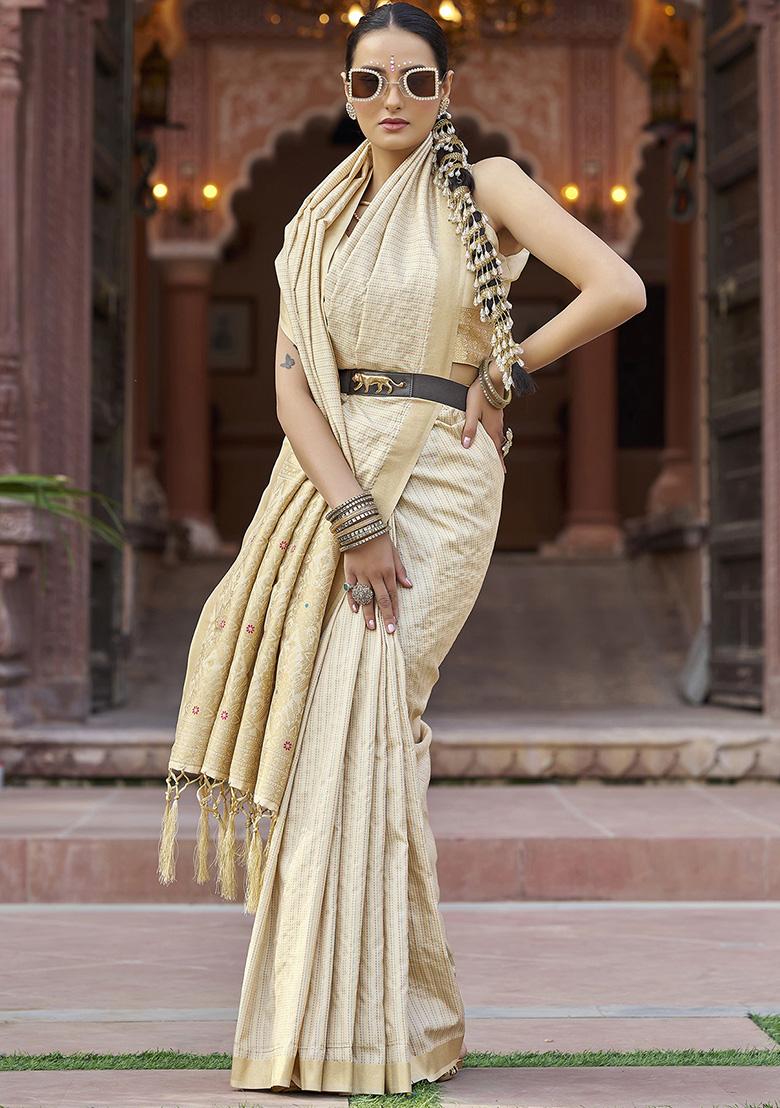 Cream Woven Silk Saree Set