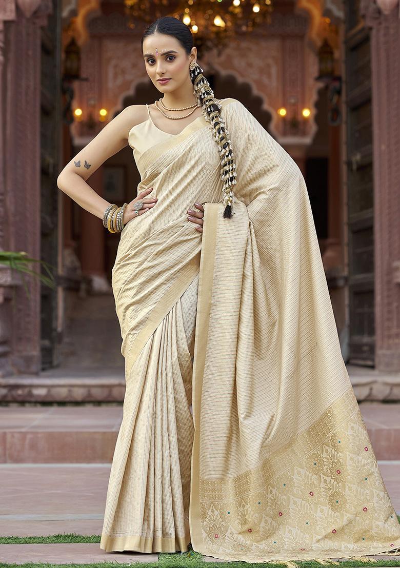 Cream Woven Silk Saree Set