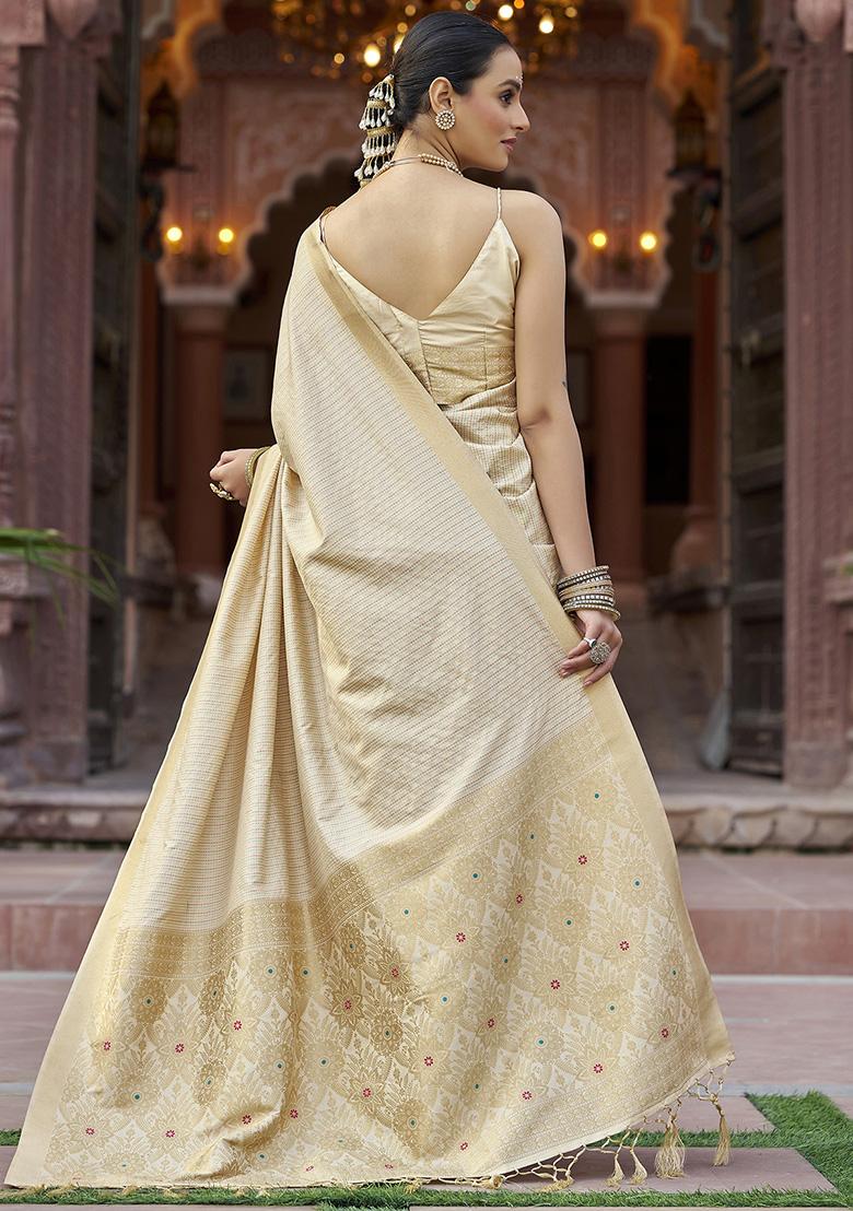 Cream Woven Silk Saree Set