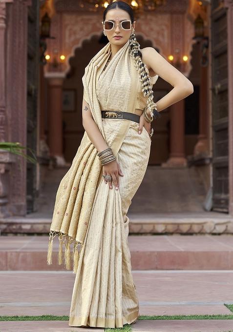 Cream Woven Silk Saree Set