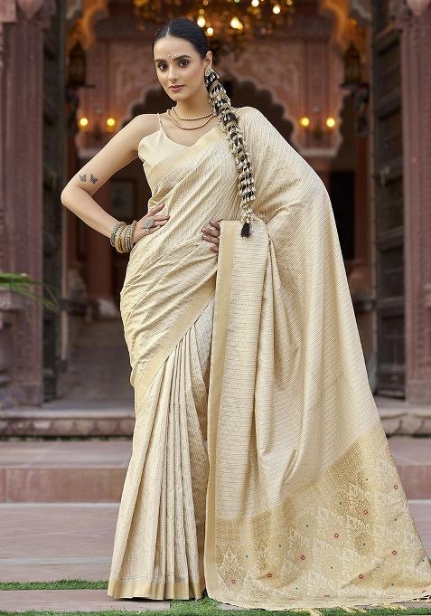 Cream Woven Silk Saree Set