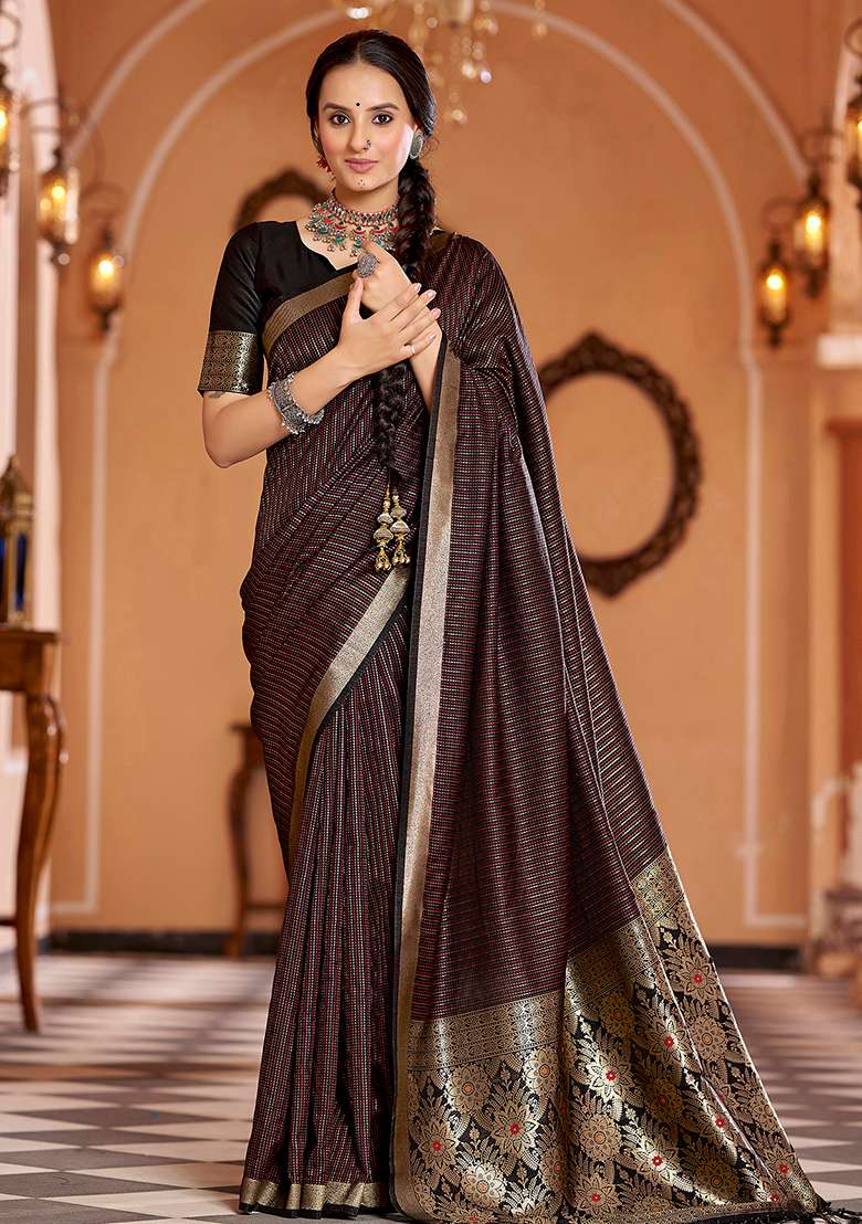 Black Woven Silk Blend Saree Set for Diwali | Wedding & Festive Wear - Indya