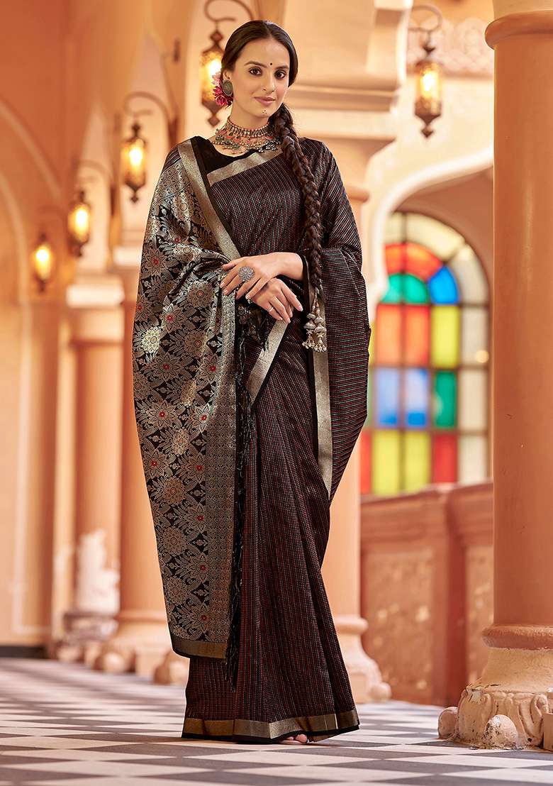 Black Woven Silk Blend Saree Set for Diwali | Wedding & Festive Wear - Indya