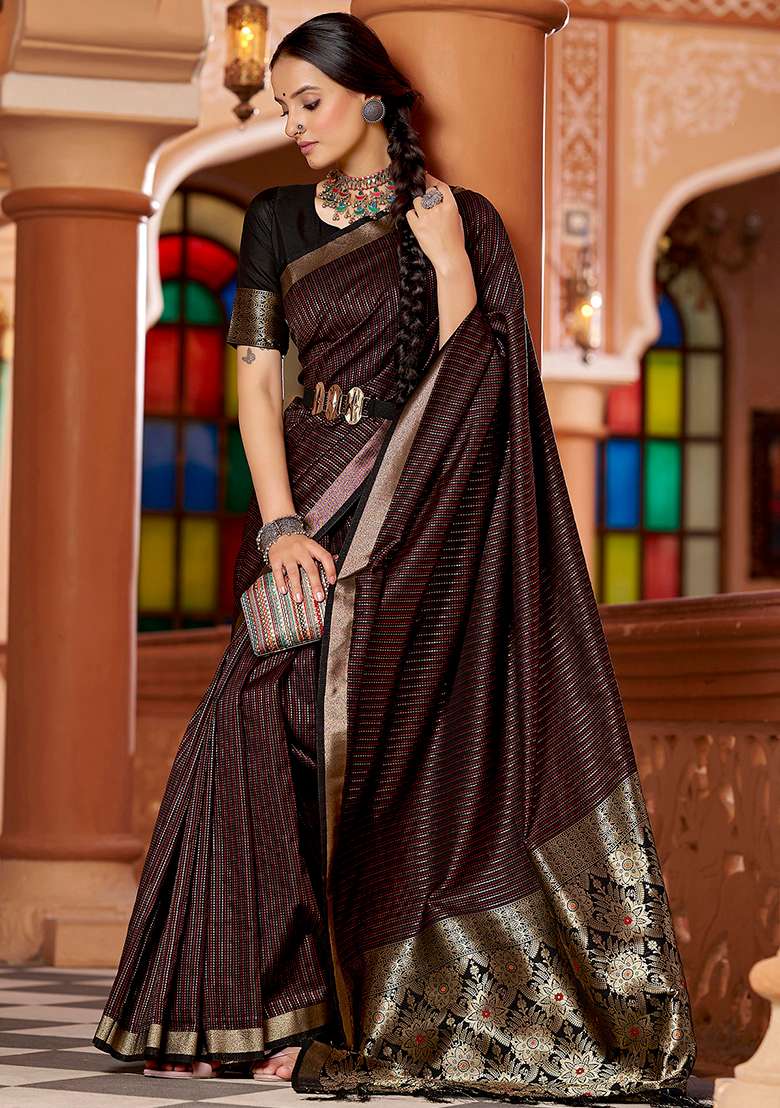 Black Woven Silk Blend Saree Set for Diwali | Wedding & Festive Wear - Indya