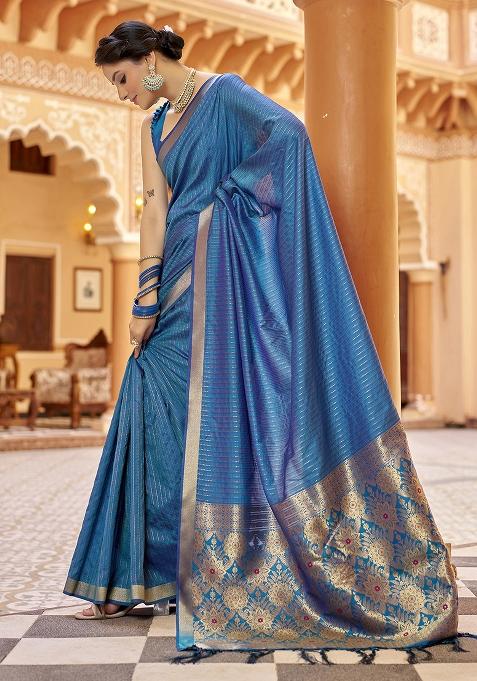Royal Blue Woven Silk Saree Set