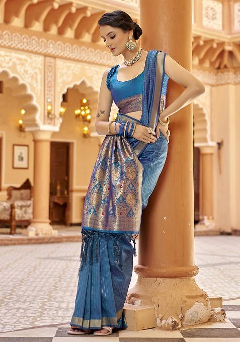 Royal Blue Woven Silk Saree Set