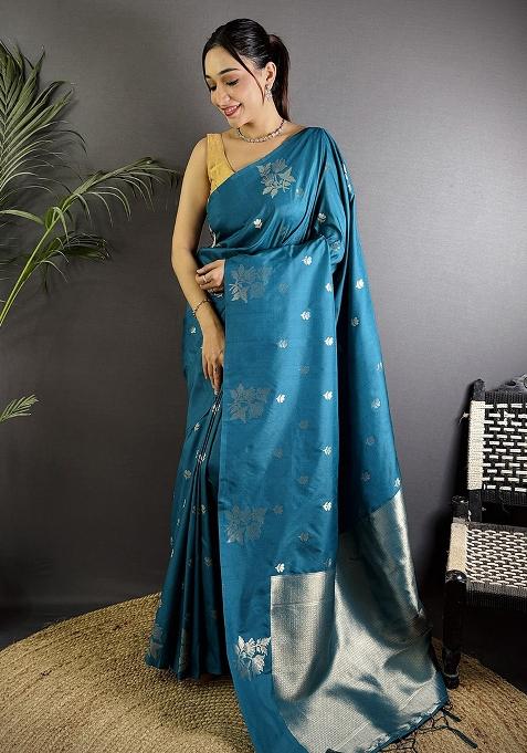 Firozi Woven Silk Saree Set