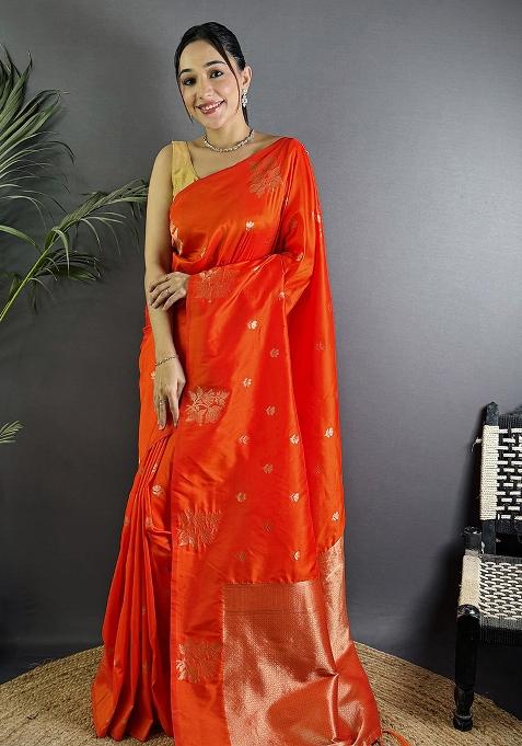 Red Woven Silk Saree Set