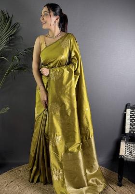 Olive Green Woven Silk Saree Set
