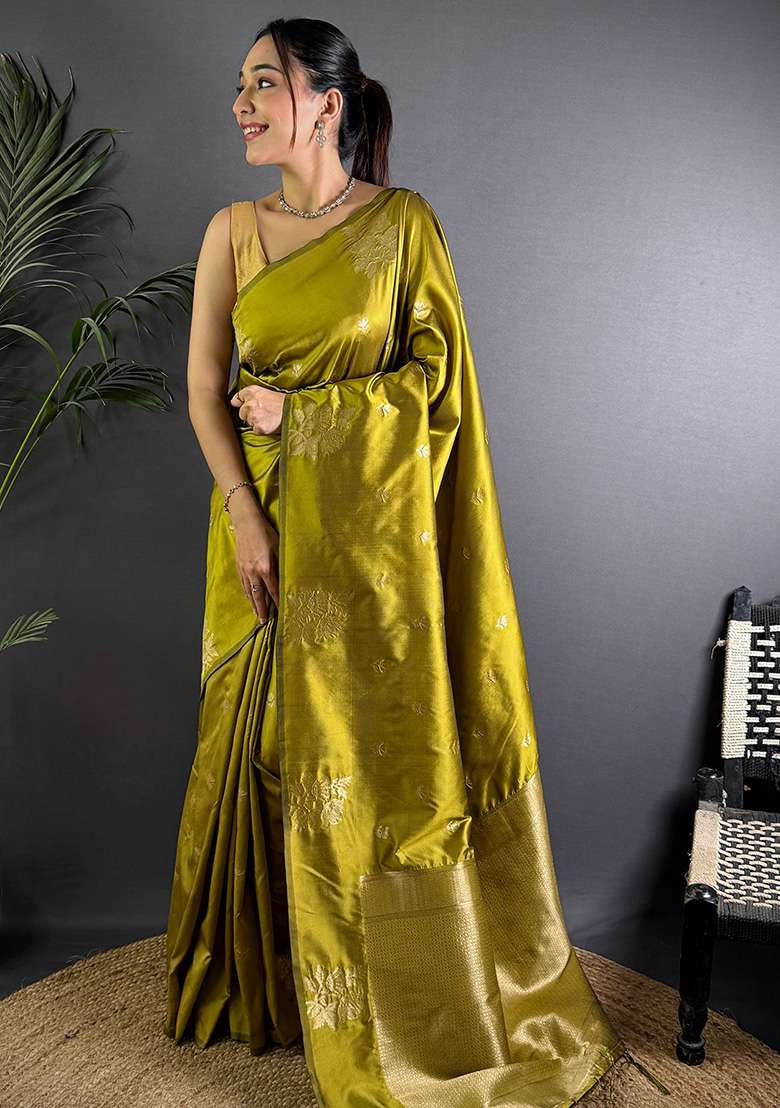 Olive Green Woven Silk Saree Set - Indya