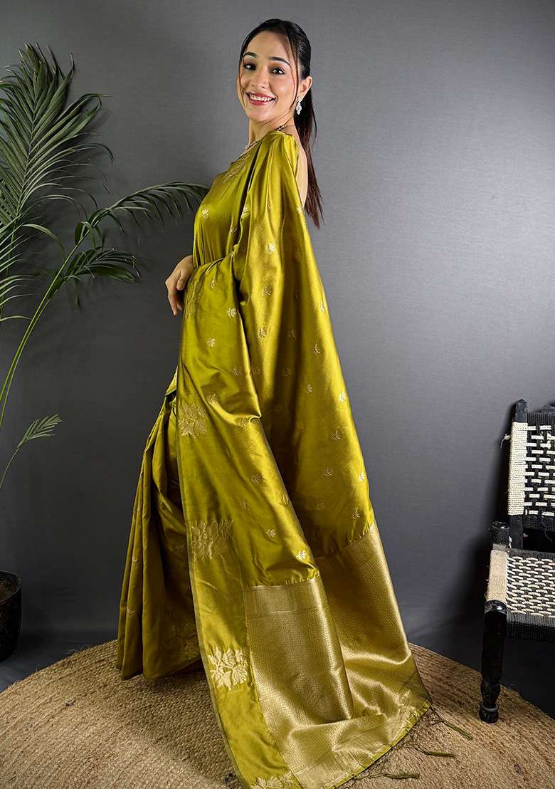Olive Green Woven Silk Saree Set - Indya