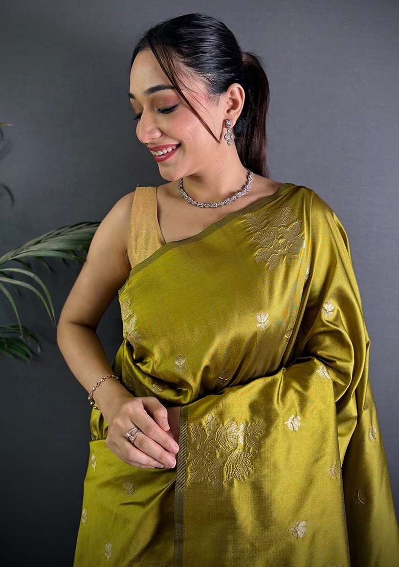 Olive Green Woven Silk Saree Set - Indya