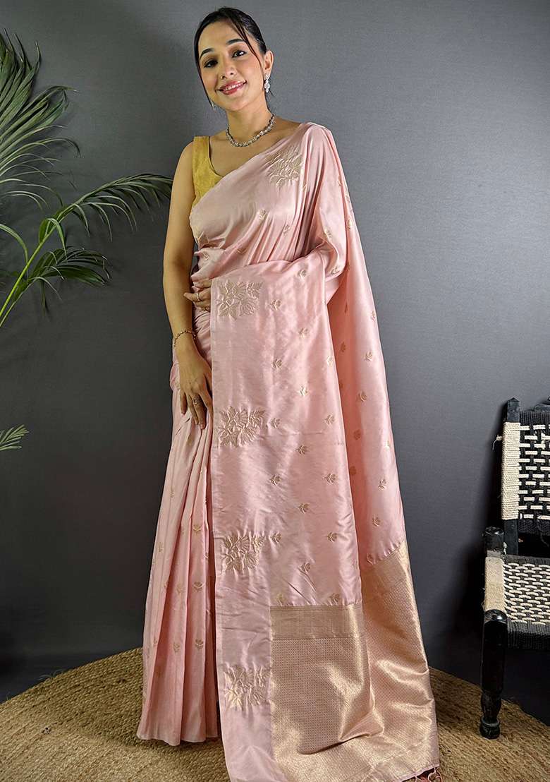 Baby Pink Woven Silk Blend Saree Set for Diwali | Wedding & Festive Wear - Indya