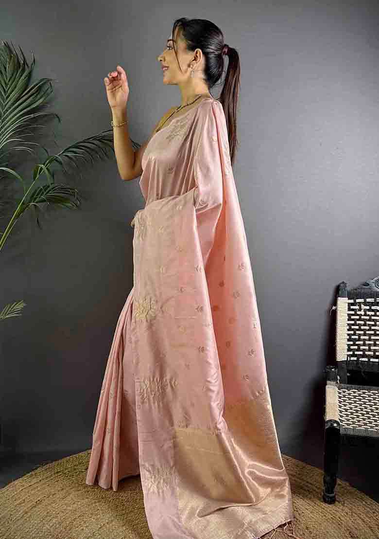 Baby Pink Woven Silk Blend Saree Set for Diwali | Wedding & Festive Wear - Indya