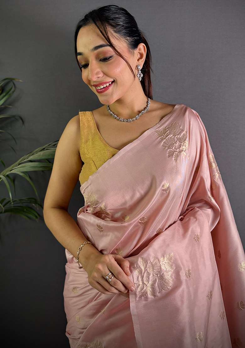 Baby Pink Woven Silk Blend Saree Set for Diwali | Wedding & Festive Wear - Indya