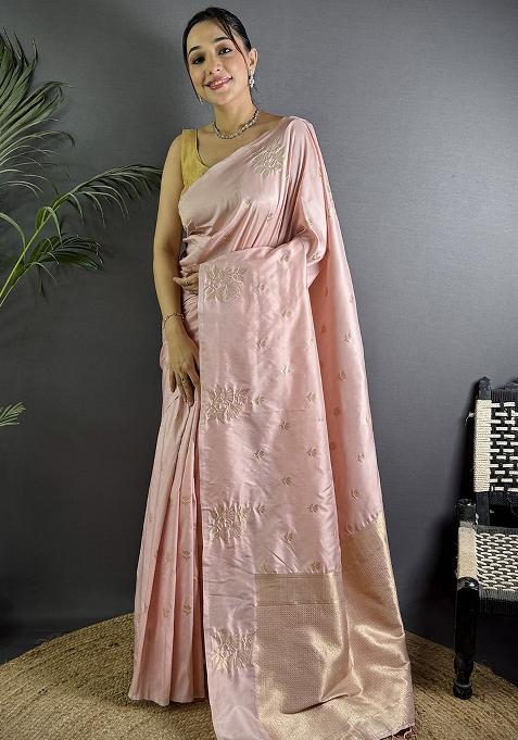 Baby Pink Woven Silk Saree Set