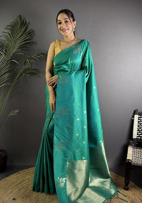 Teal Woven Silk Saree Set