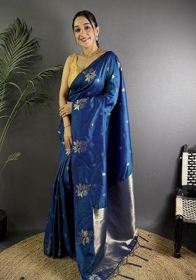 Blue Woven Silk Saree Set