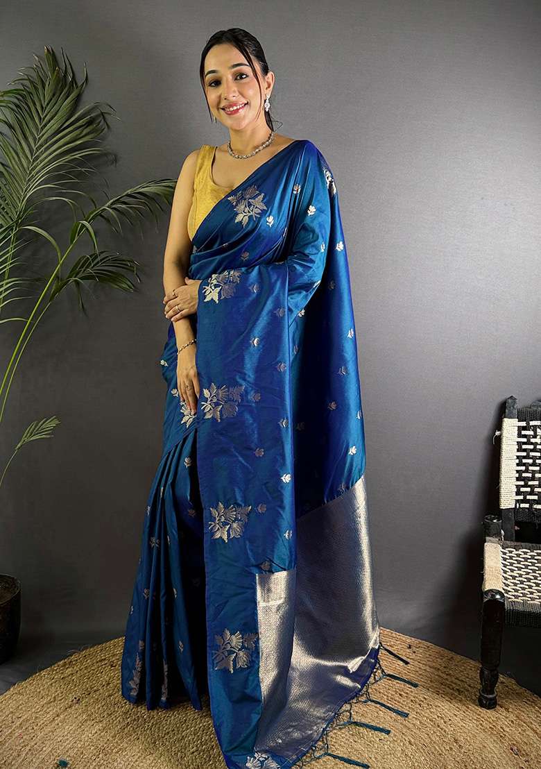 Blue Woven Silk Saree Set - Indya
