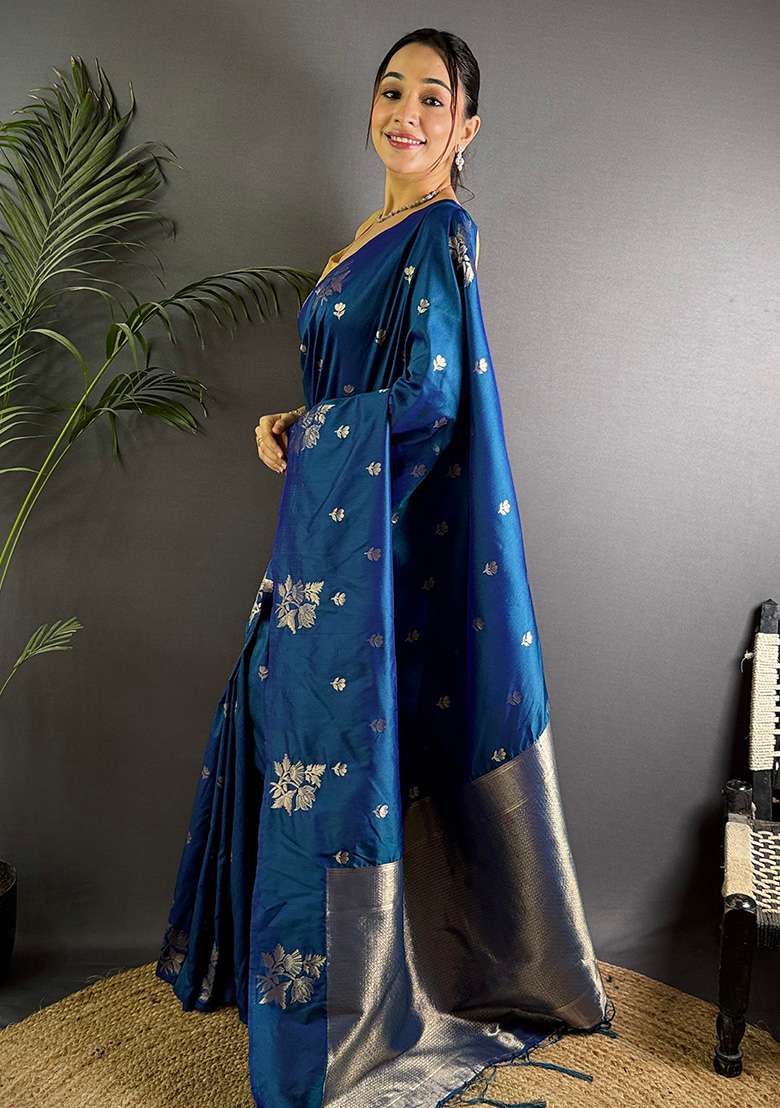 Blue Woven Silk Saree Set - Indya