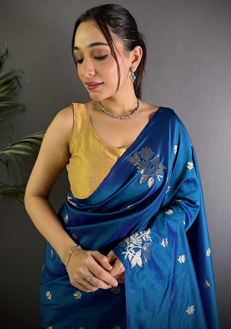 Blue Woven Silk Saree Set - Indya