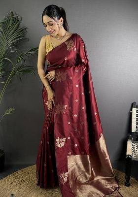 Maroon Woven Silk Saree Set