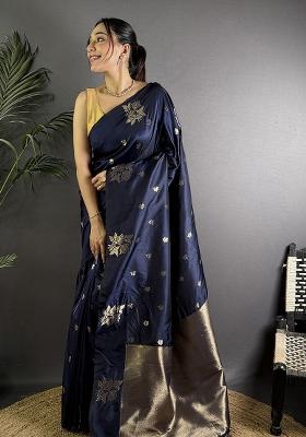 Navy Blue Woven Silk Saree Set
