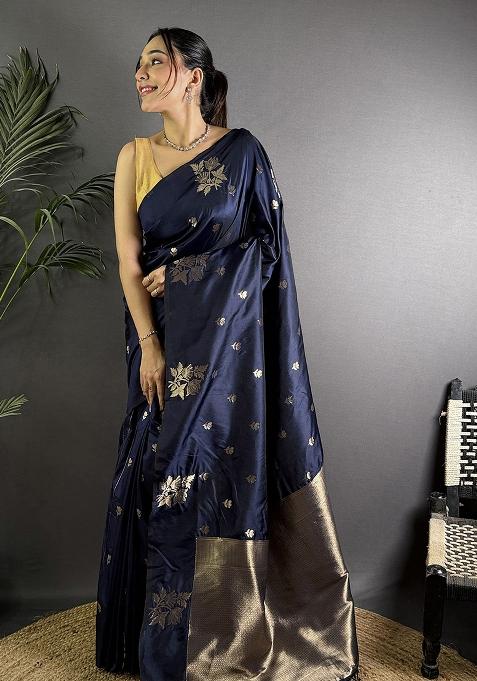 Navy Blue Woven Silk Saree Set