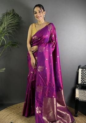 Purple Woven Silk Saree Set