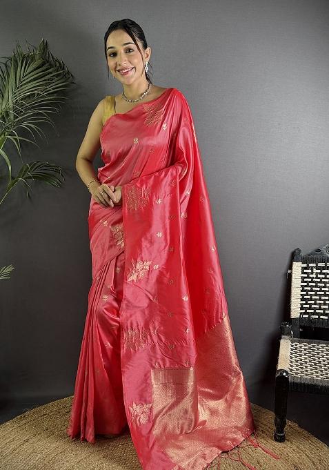Pink Woven Silk Saree Set