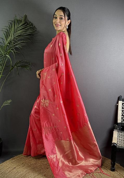 Pink Woven Silk Saree Set