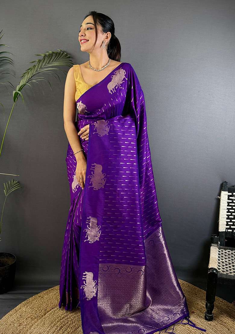Purple Woven Silk Blend Saree Set for Diwali | Wedding & Festive Wear - Indya