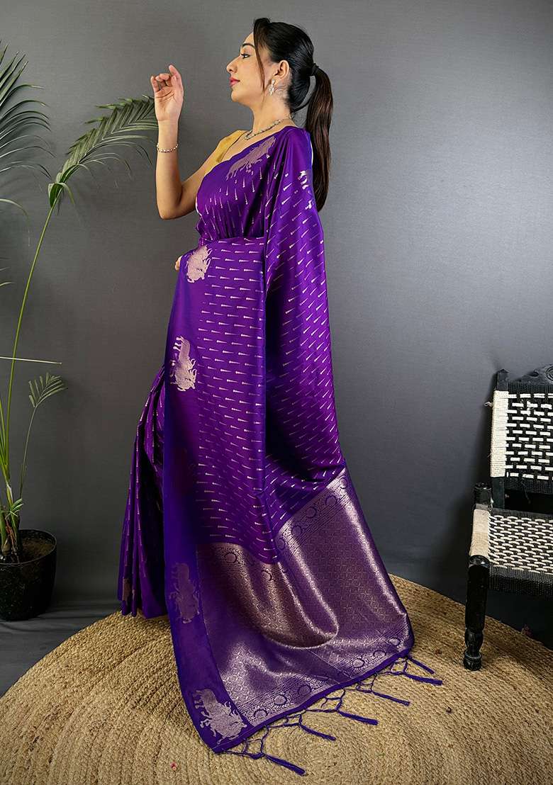 Purple Woven Silk Blend Saree Set for Diwali | Wedding & Festive Wear - Indya