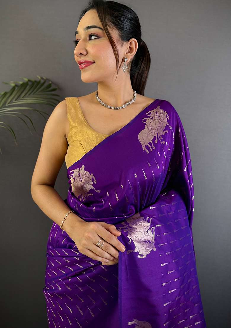 Purple Woven Silk Blend Saree Set for Diwali | Wedding & Festive Wear - Indya