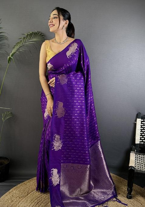 Purple Woven Silk Saree Set