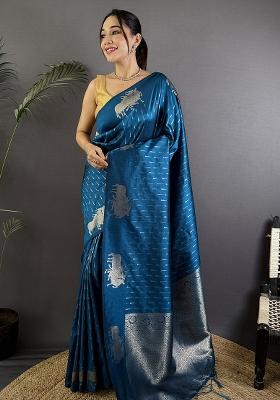 Sea Blue Woven Silk Saree Set