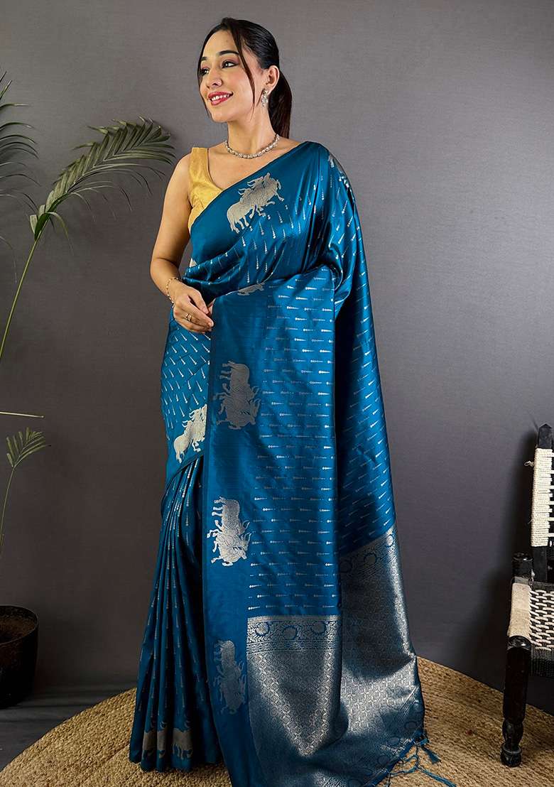 Sea Blue Woven Silk Blend Saree Set for Diwali and Festive Wear - Indya