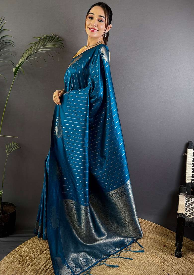 Sea Blue Woven Silk Blend Saree Set for Diwali and Festive Wear - Indya