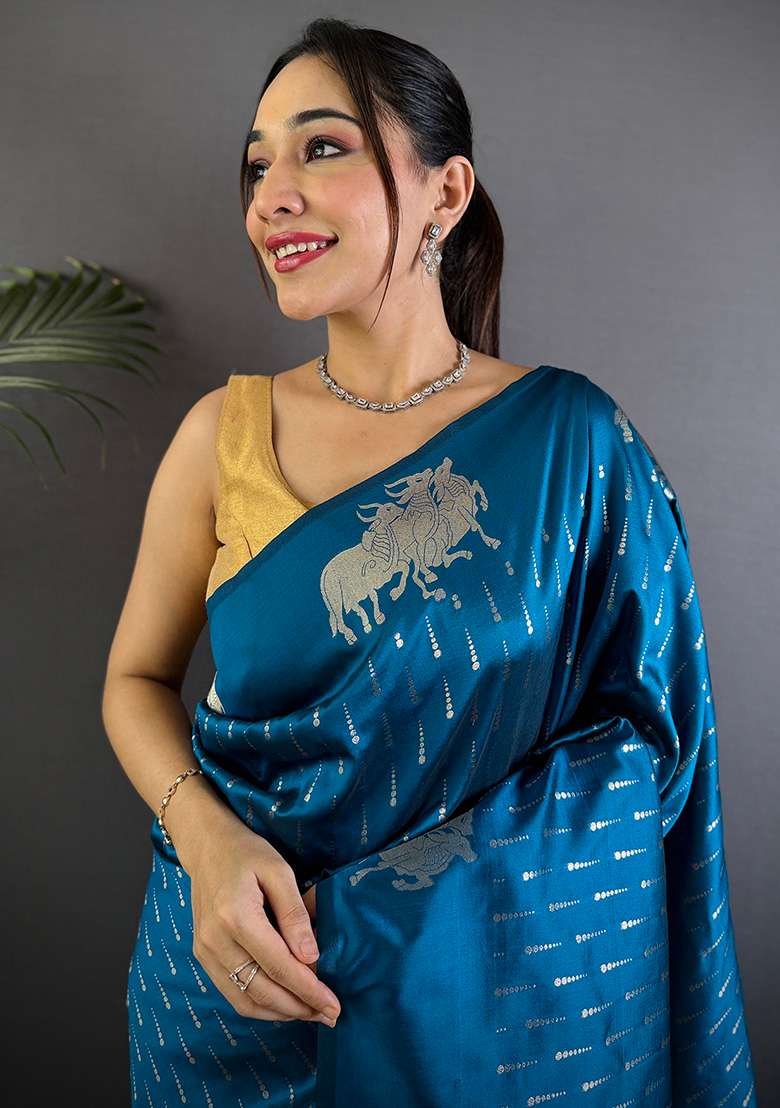 Sea Blue Woven Silk Blend Saree Set for Diwali and Festive Wear - Indya