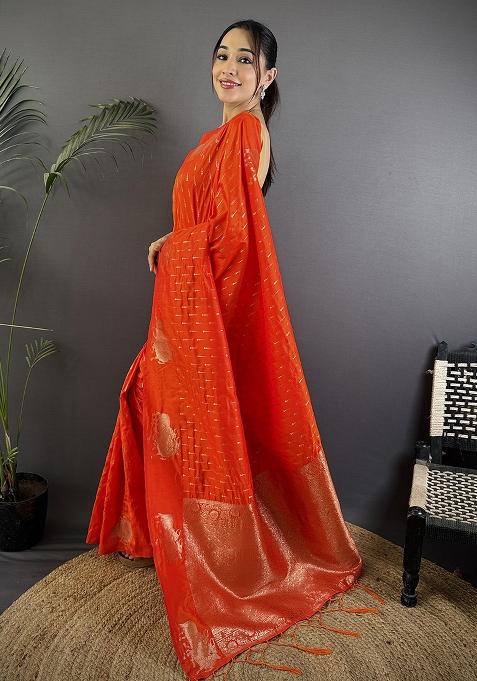 Red Woven Silk Saree Set