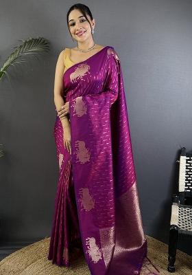 Magenta Woven Silk Saree Set