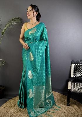 Teal Woven Silk Saree Set