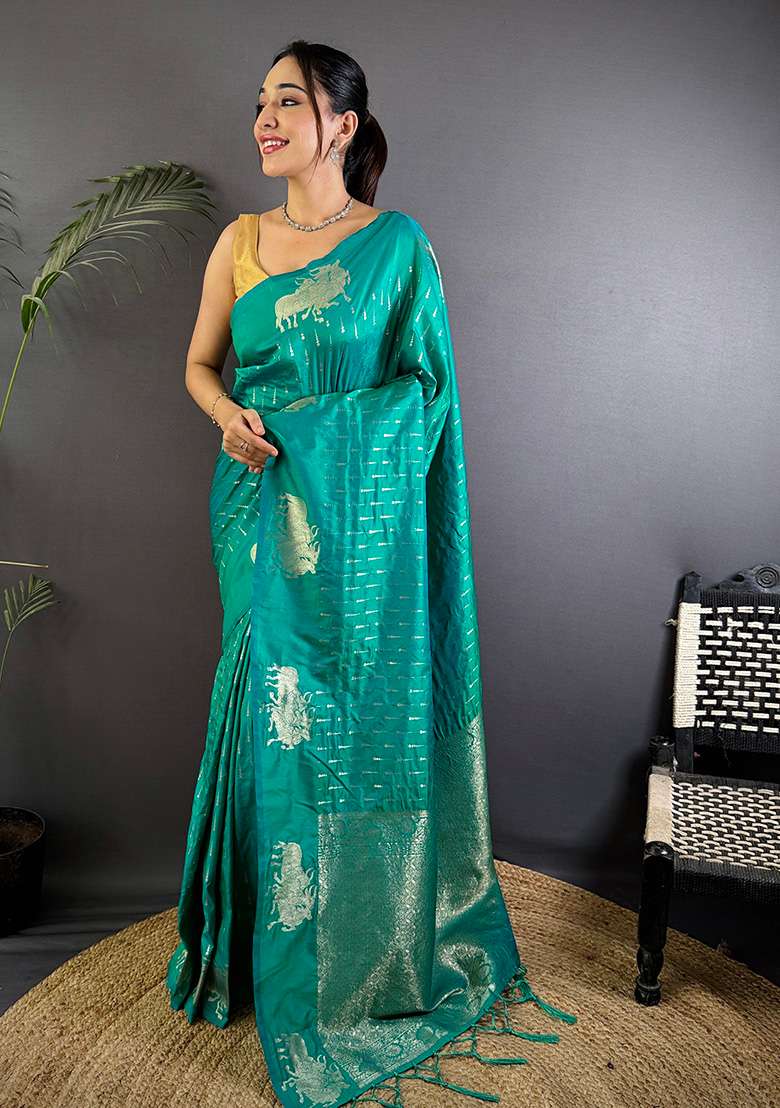 Teal Woven Silk Blend Saree Set for Diwali | Wedding & Festive Wear - Indya