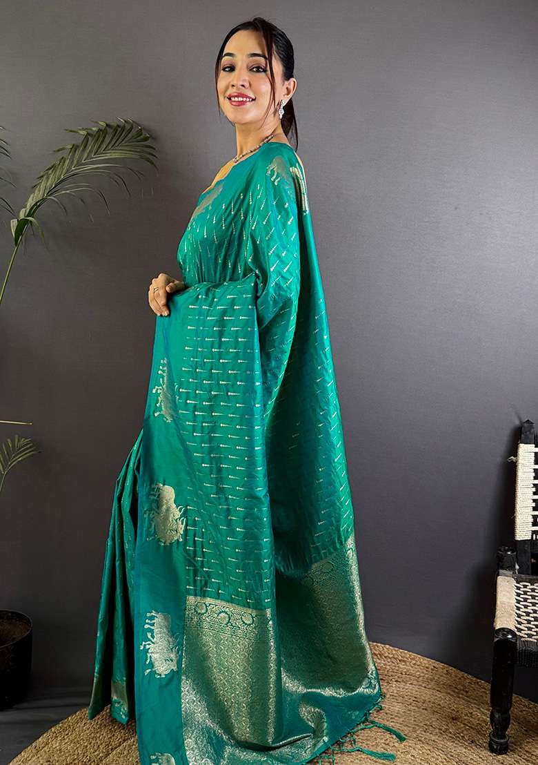 Teal Woven Silk Blend Saree Set for Diwali | Wedding & Festive Wear - Indya