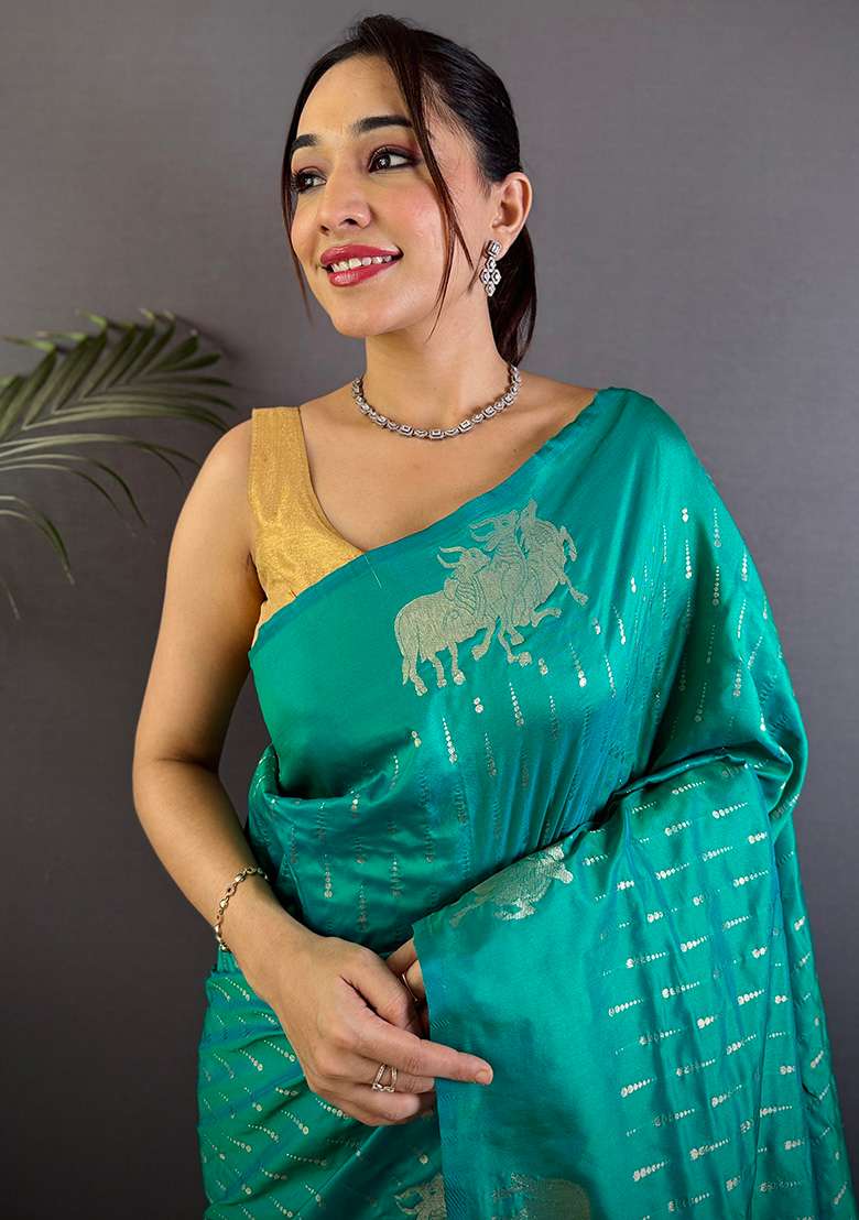 Teal Woven Silk Blend Saree Set for Diwali | Wedding & Festive Wear - Indya