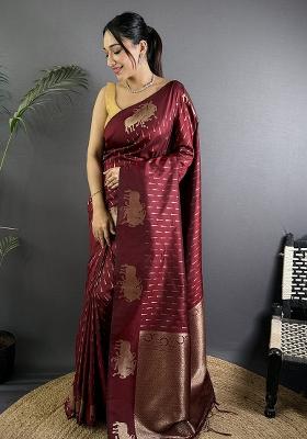 Maroon Woven Silk Saree Set