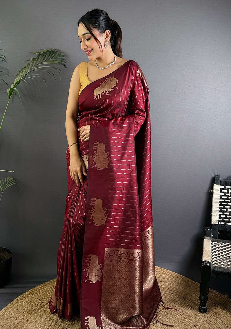 Maroon Woven Silk Blend Saree Set for Diwali | Wedding & Festive Wear - Indya