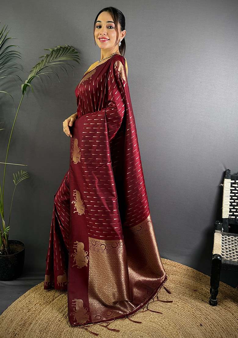 Maroon Woven Silk Blend Saree Set for Diwali | Wedding & Festive Wear - Indya