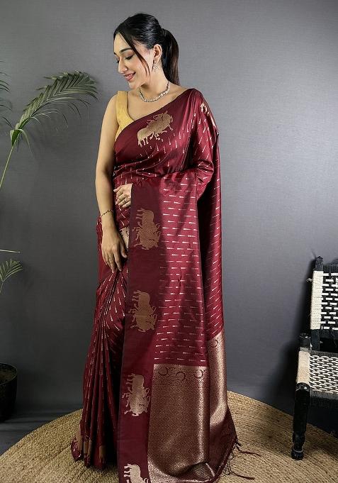 Maroon Woven Silk Saree Set