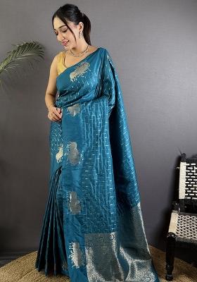 Aqua Blue Woven Silk Saree Set